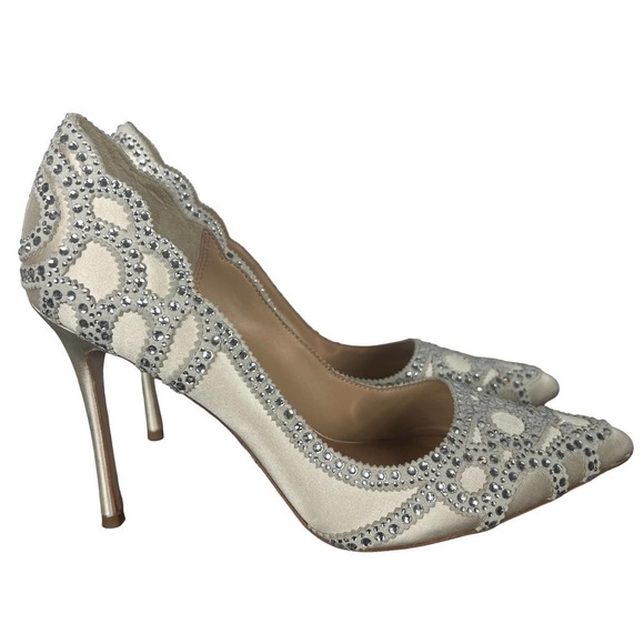 BADGLEY MISCHKA ROUGE EMBELLISHED EVENING SHOES IVORY SATIN SZ 8 NEW WITHOUT BOX - Picture 5 of 12